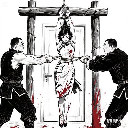 jimeng-2025-05-26-272-打手们从刑讯架上拽下那根还残留着血迹的绳子，抻开年轻女子林雪的双臂，将她的手腕紧紧拴住，猛地用力一拉，1林雪的双臂瞬间被高高吊起，整个人悬在半空，