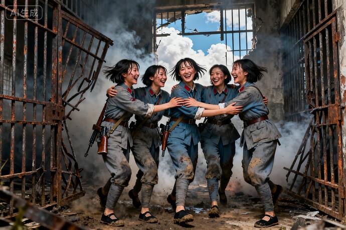 jimeng-2025-09-26-9753-不对称构图，细节完美，杰作。 硝烟弥漫的女牢，锈铁栅栏门扭曲，胜利归来的满身伤痕...