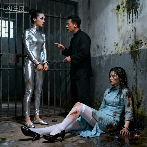 jimeng-2025-11-10-7502-民国监狱里，身着长袖长裤高领银色紧身衣的画着舞台妆的中国美女杂技演员脚上穿银色平...