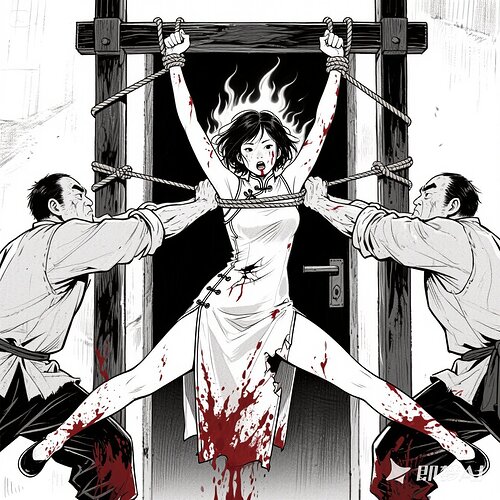 jimeng-2025-05-26-273-打手们从刑讯架上拽下那根还残留着血迹的绳子，抻开年轻女子林雪的双臂，将她的手腕紧紧拴住，猛地用力一拉，林雪的双臂瞬间被高高吊起，整个人悬在半空2，