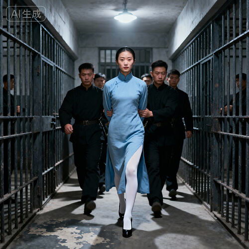 jimeng-2025-11-10-2746-监狱的走廊里，一位身着长袖高领长款朴素浅蓝色民国旗袍的素颜中国美女杂技演员，腿上...