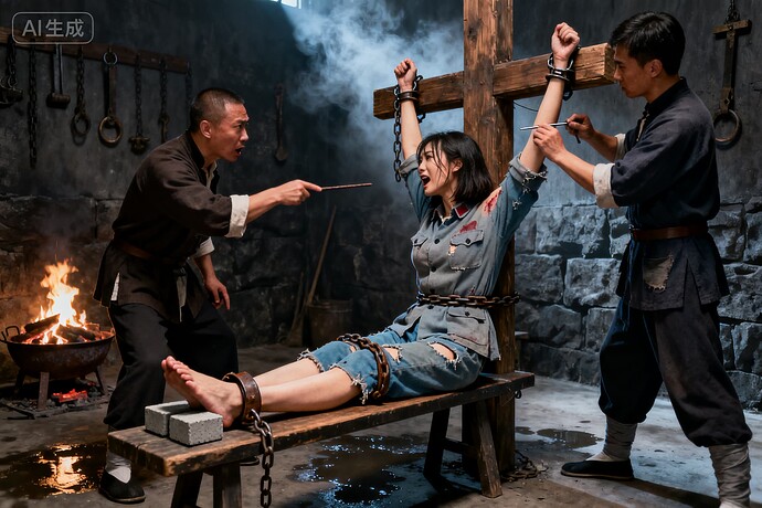 老虎凳091-40年代重庆刑讯室的深夜，一个高圆圆面容中短发披肩的美女，侧影，她背靠着木十字柱...