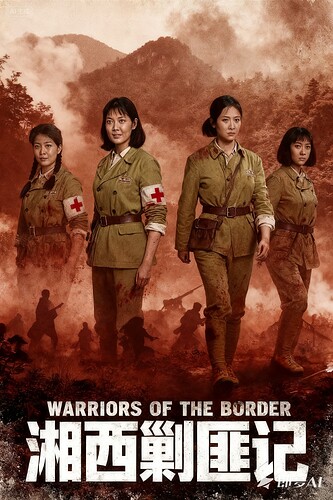 jimeng-2025-09-16-5053-参考图1的复古电影海报风格和排版，将图2中的四位女战士形象融合为主体，背景改为湘...