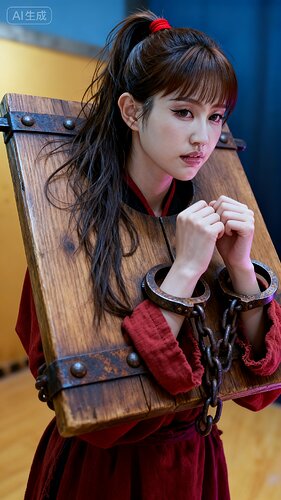 jimeng-2025-10-06-3109-对戴枷女子进行半身特写，画面超高清重绘，呈现极致细节，具有电影画质。去除所有与人....