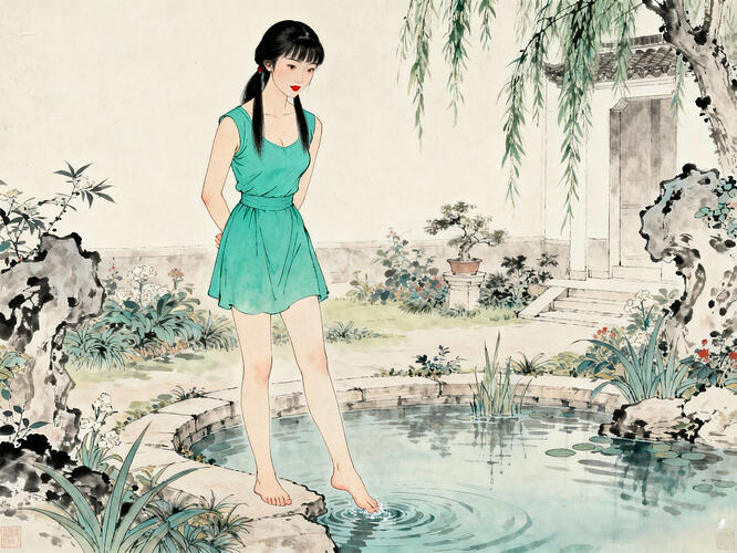 dreamina-2025-11-05-5894-生成一副线条清晰写实的彩色工笔国画：正面从头到脚全身像：美女林黛玉，黑发束成一柳...