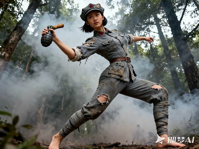 jimeng-2025-09-27-4510-硝烟弥漫的树林中，一个女运动员扮演的中国工农红军娘子军女战士，表情坚毅，单手拿着...