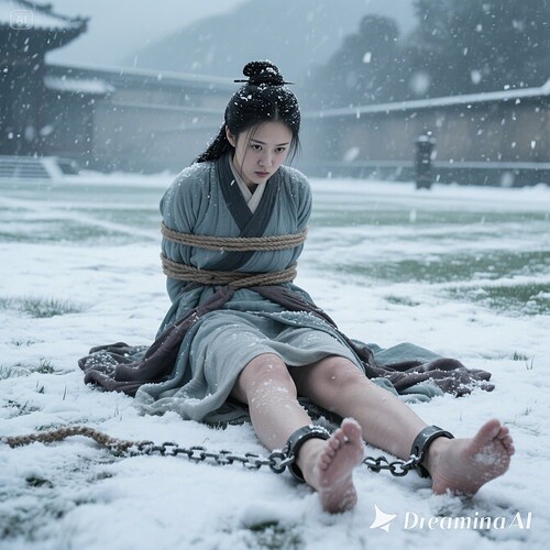 dreamina-2025-07-31-9595-生成一幅写实摄影图片(古装电视剧效果）：法场上，天上忽然下大雪， 大雪盖住窦娥的...