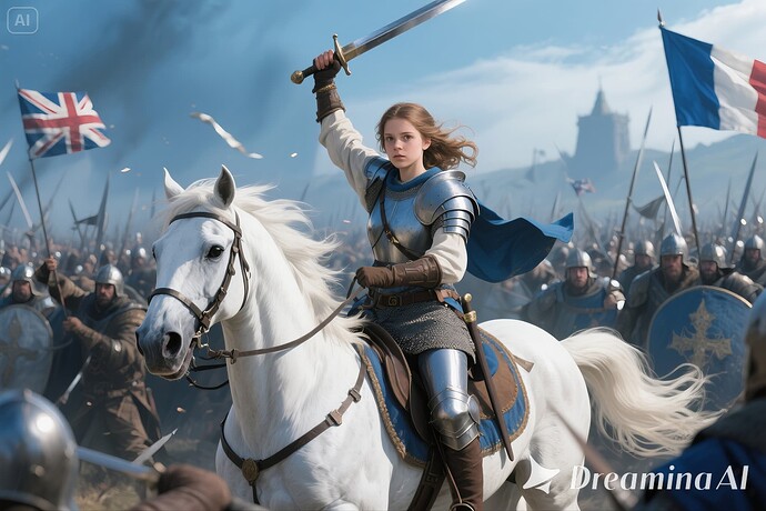 jimeng-2025-06-06-480-Joan, an 18 year old French girl, riding on a white horse, wearing light armor...