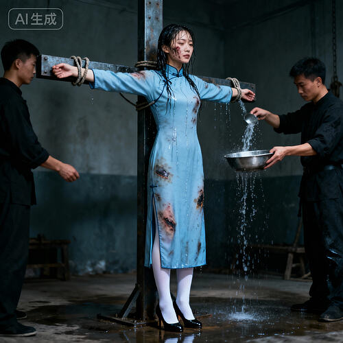 jimeng-2025-11-10-3761-刑讯室内，一位身着长袖高领长款朴素浅蓝色民国旗袍的素颜中国美女杂技演员被双臂平伸...