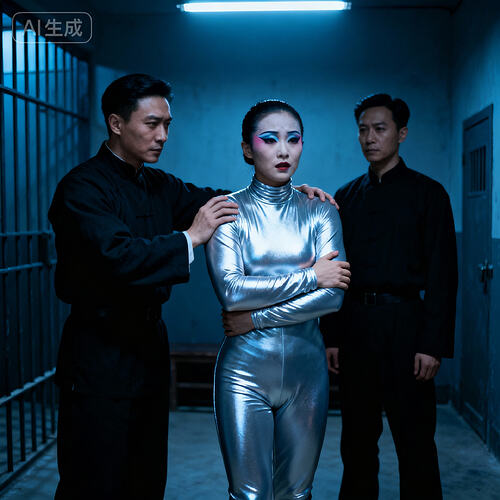 jimeng-2025-11-10-2124-民国时期审讯室里，身着长袖长裤高领银色紧身衣的稍微壮硕画着舞台妆的中国美女杂技演...