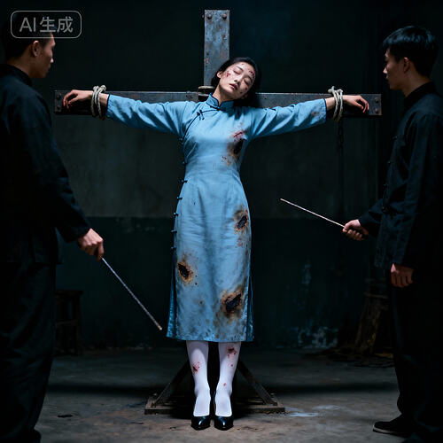 jimeng-2025-11-10-9910-刑讯室内，一位身着长袖高领长款朴素浅蓝色民国旗袍的素颜中国美女杂技演员被双臂平伸...