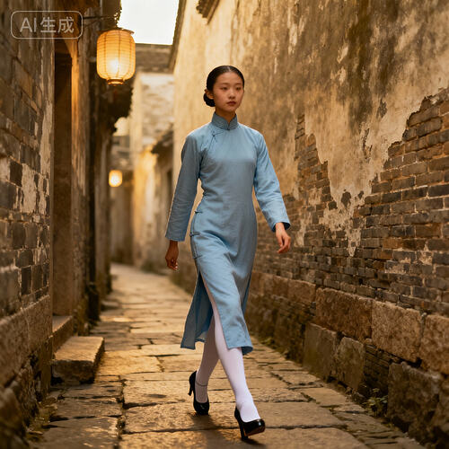 jimeng-2025-11-10-9280-一个民国小巷里，身着长袖高领长款浅蓝色朴素民国旗袍的素颜中国美女杂技演员在路上走...