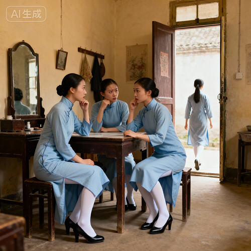 jimeng-2025-11-10-7409-一个民国朴素的房间里，四位身着长袖高领长款浅蓝色朴素民国旗袍的素颜中国美女杂技演...