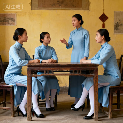 jimeng-2025-11-10-4087-一个民国朴素的房间里，四位身着长袖高领长款浅蓝色朴素民国旗袍的素颜中国美女杂技演...