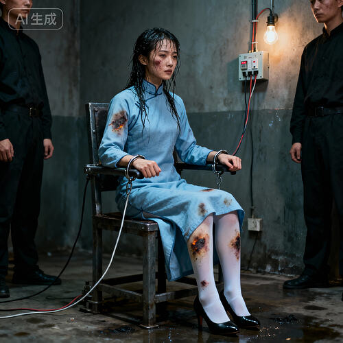 jimeng-2025-11-10-3527-刑讯室内，一位身着长袖高领长款朴素浅蓝色民国旗袍的素颜中国美女杂技演员坐在一个铁...