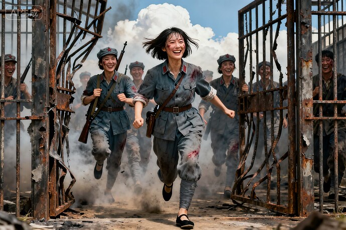 jimeng-2025-09-26-1947-不对称构图，细节完美，杰作。 硝烟弥漫的女牢，锈铁栅栏门扭曲，胜利归来的满身伤痕...