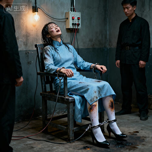 jimeng-2025-11-10-4731-刑讯室内，一位身着长袖高领长款朴素浅蓝色民国旗袍的素颜中国美女杂技演员坐在一个铁...